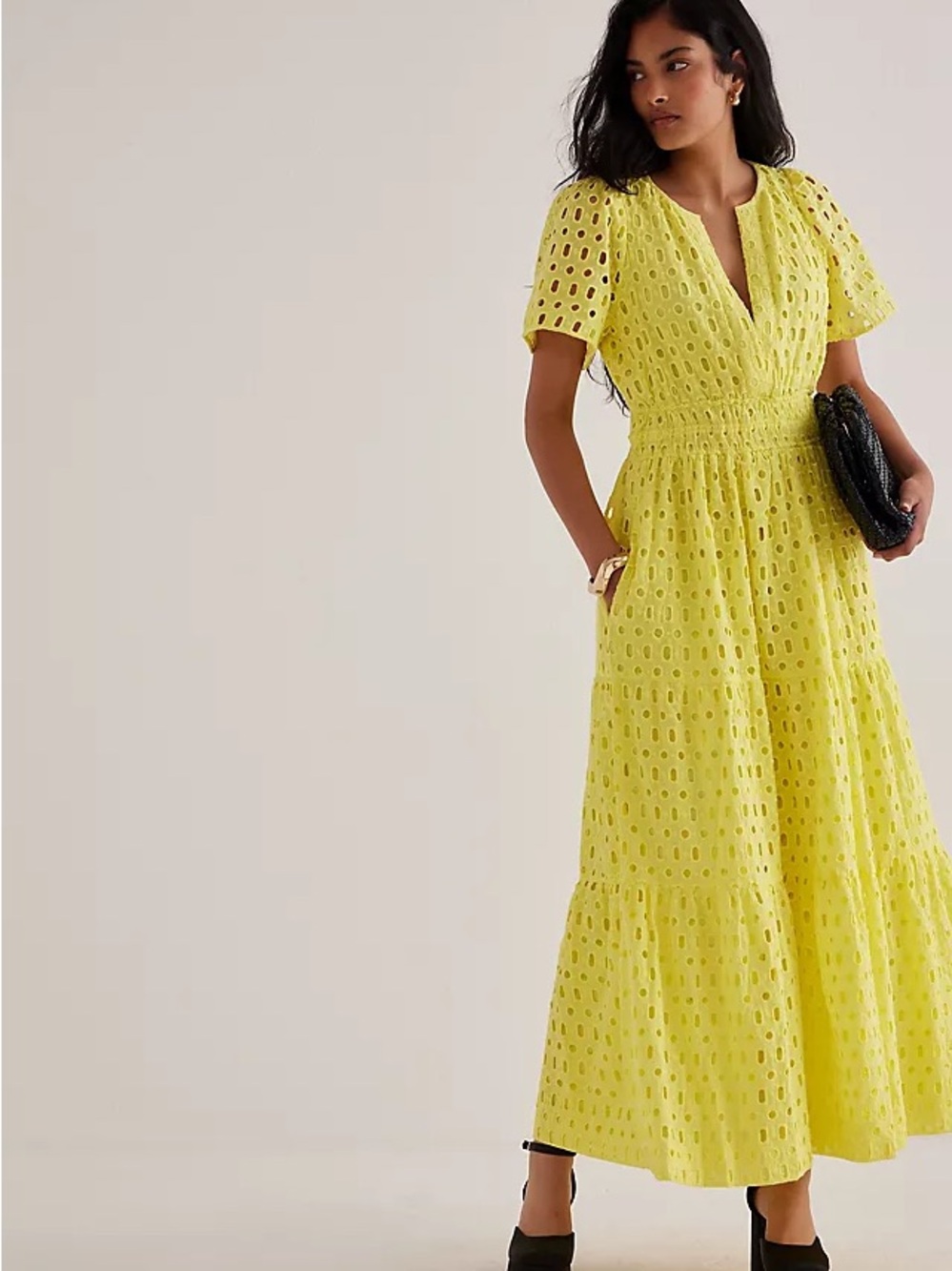 Anthropologie Lemon Eyelet Somerset Maxi Dress- Smocked Waist NWT XXS
